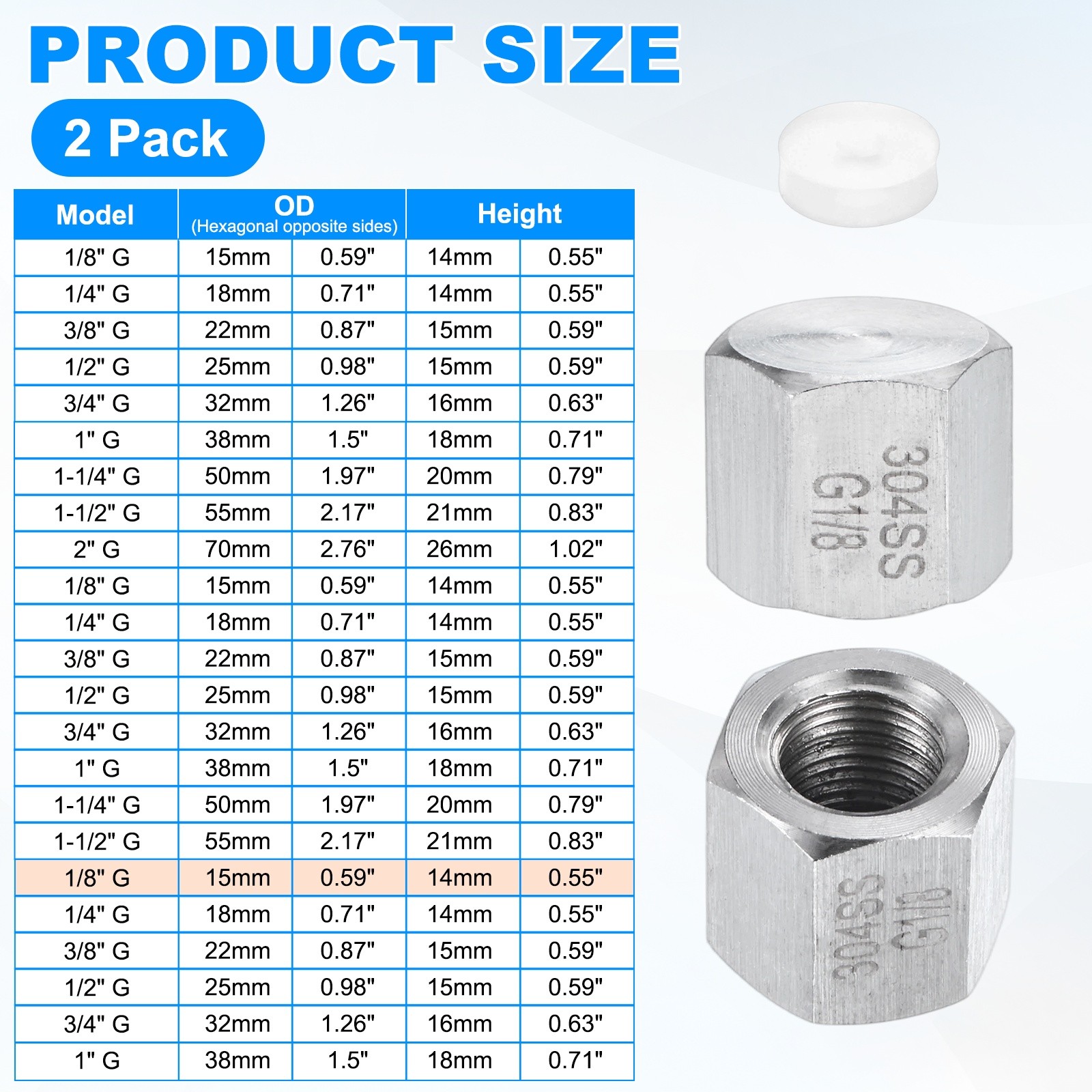 2-Pack Hex End Cap, 1/8 Inch g Female Thread Pipe Fitting
