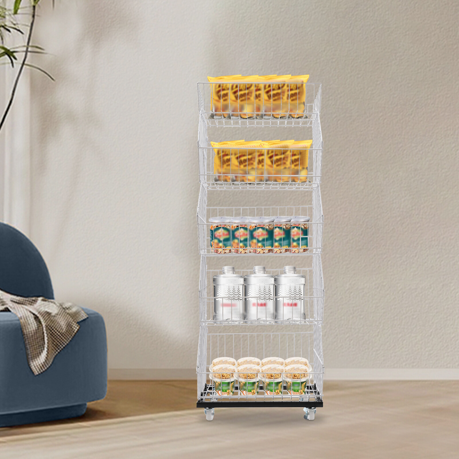 5-Tier Wire Grid Display Rack with Wheels for Fruits and Vegetables
