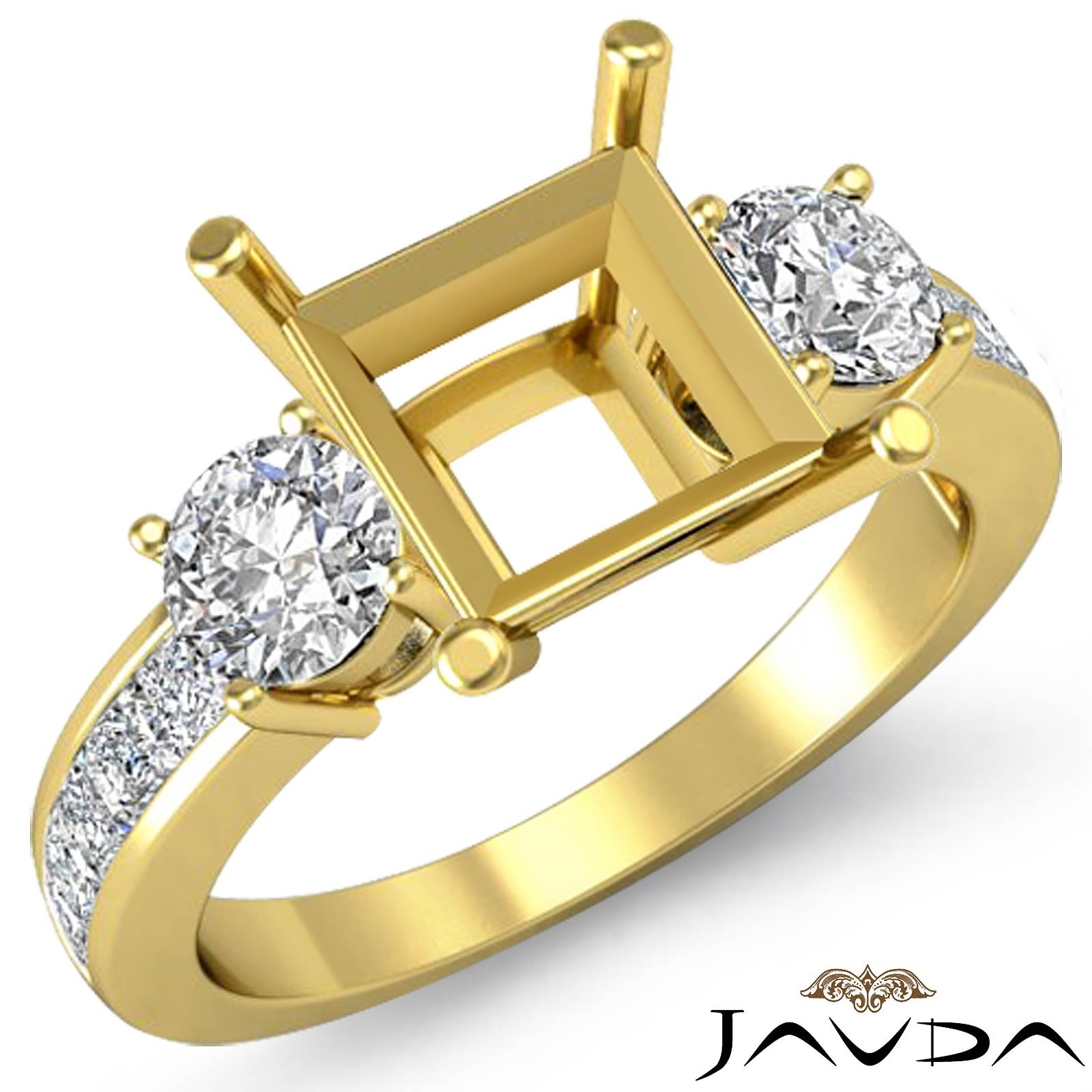 Unique Princess Semi Mount 3 Stone Diamond Wedding Ring Round 18k Yellow Gold 1C