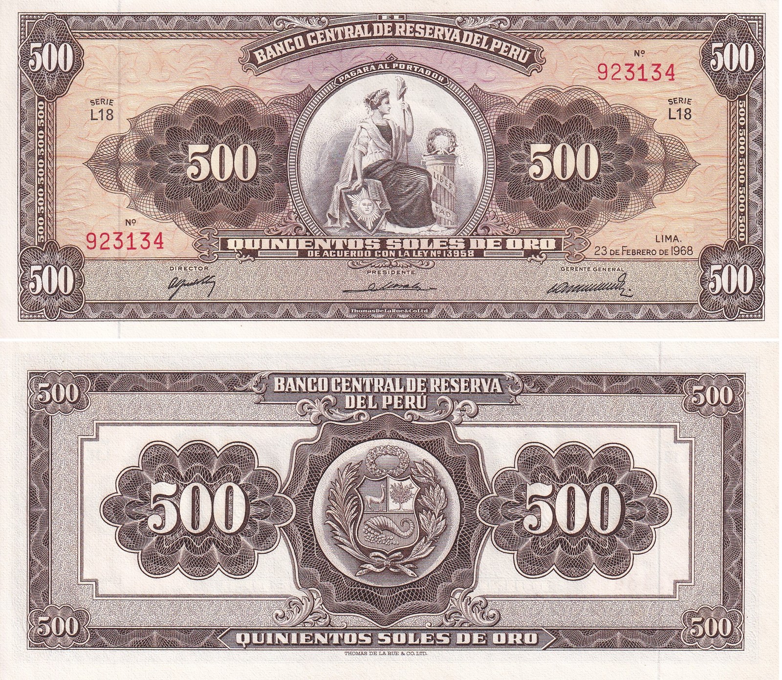 Peru 500 Soles De Oro 1968 P 87 AUnc