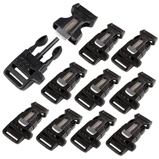 10Pack 3/4" (19mm) Fire Starter Survival Whistle Buckle Flint Scraper for