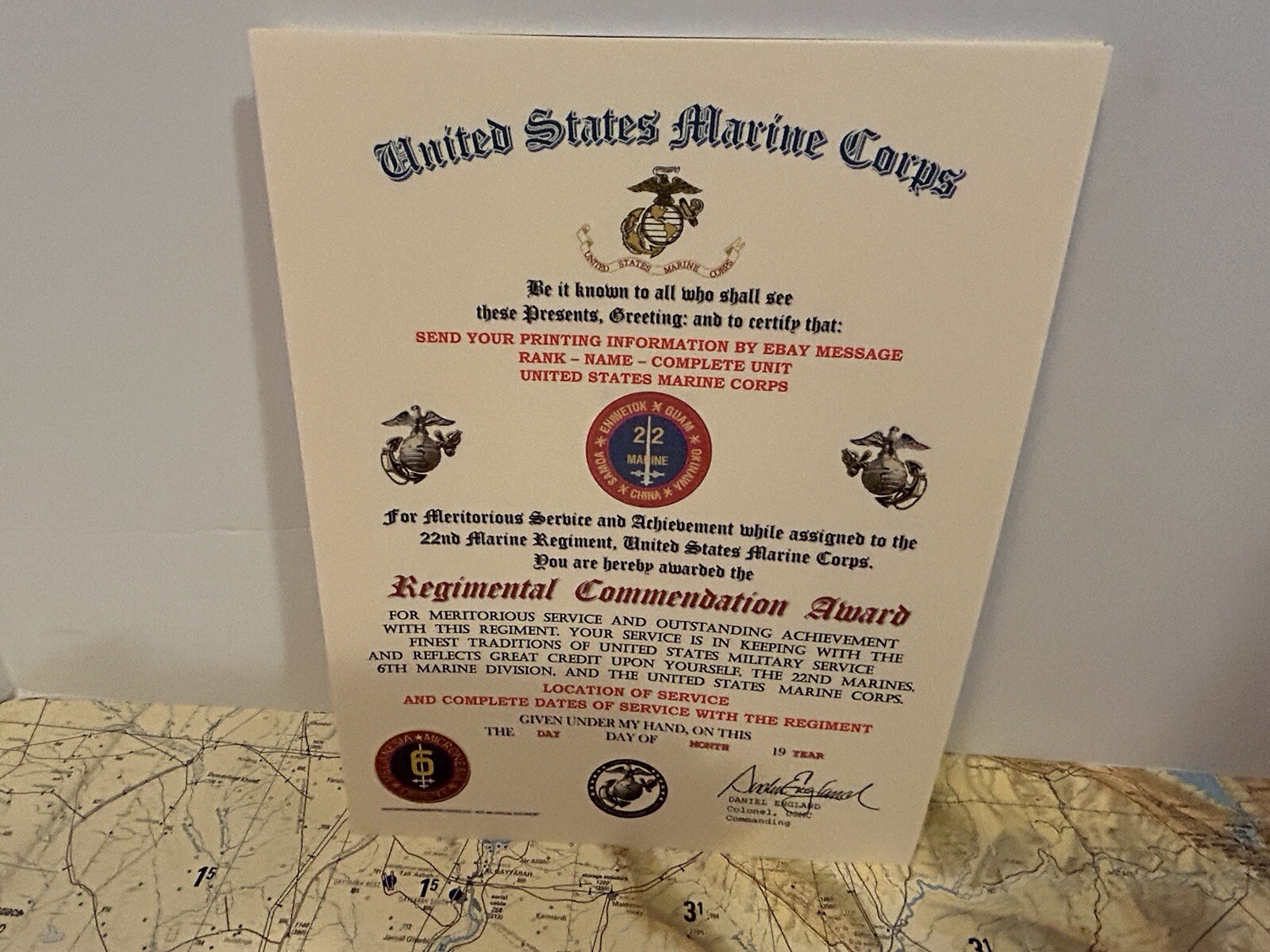 U.S.M.C. / 22ND MARINE REGIMENT - REGIMENTAL COMMENDATION AWARD CERTIFICATE