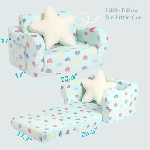 2-in-1 Toddler Couch & Lounger, Soft Foldable Sofa with Star Pillow, Colorful He