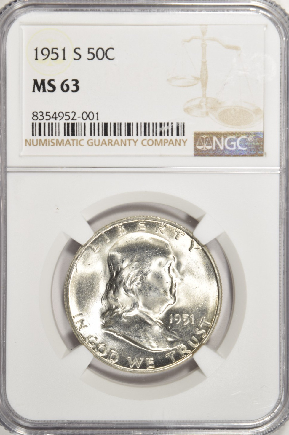 1951 S FRANKLIN HALF DOLLAR ~ NGC MS63 ~ BRIGHT WHITE!
