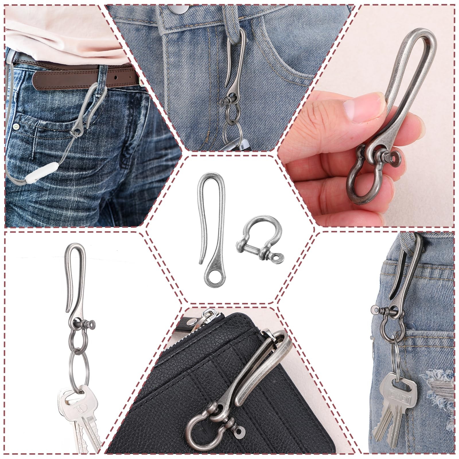 2 Pack Fish Hook Key Chains U Shape Key Ring with Shackle Pocket Clip Fish Hook