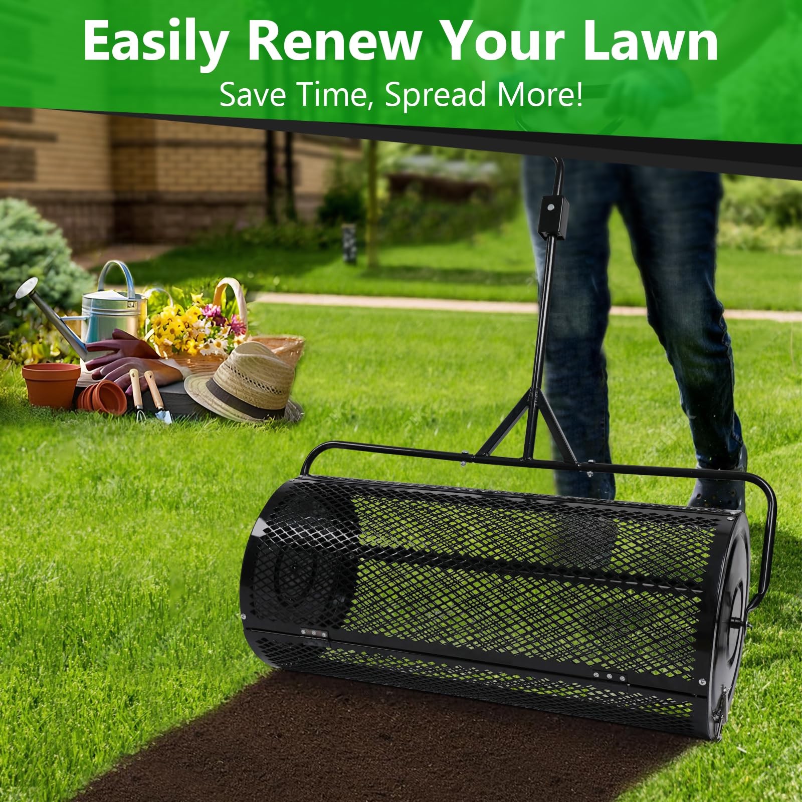 Compost Spreader 44 Inch Push/Tow Peat Moss with 44 Inch, BLACK