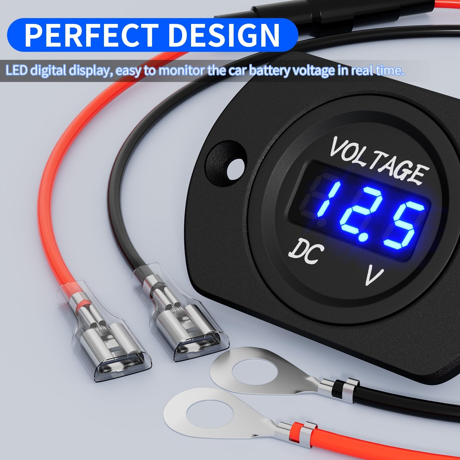 DaierTek Battery Voltage Meter Waterproof DC 12V Small, Blue LED Voltmeter