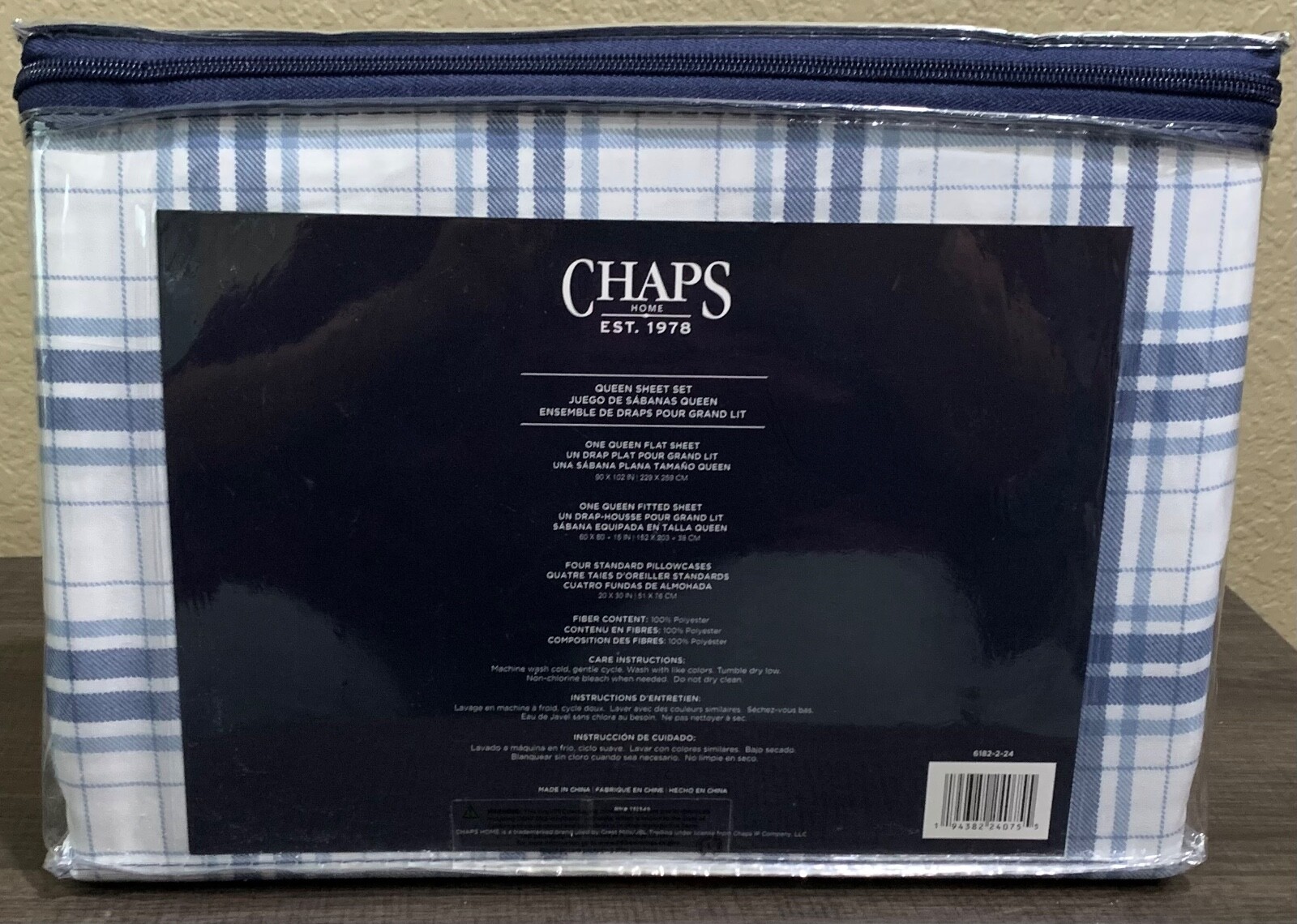 CHAPS by Ralph Lauren 6pc QUEEN Sheet Set with 4 Pillowcases White/Blue Plaid
