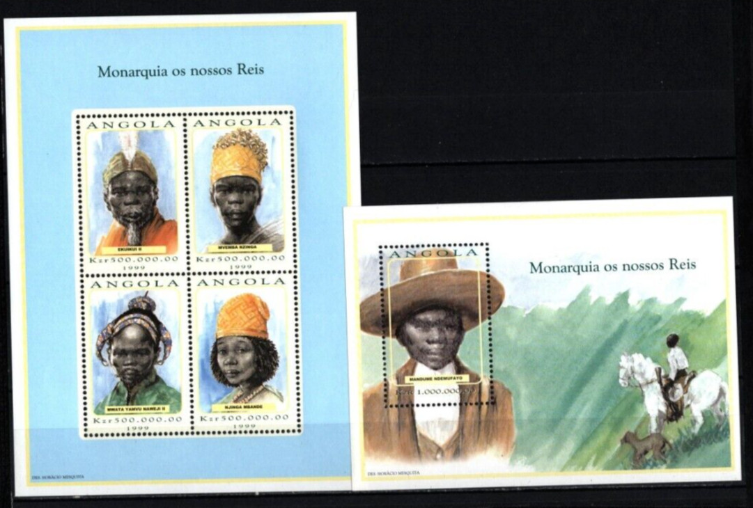 ANGOLA 1999 TRIBAL KINGS SHEET OF 4 STAMPS & S/S MNH