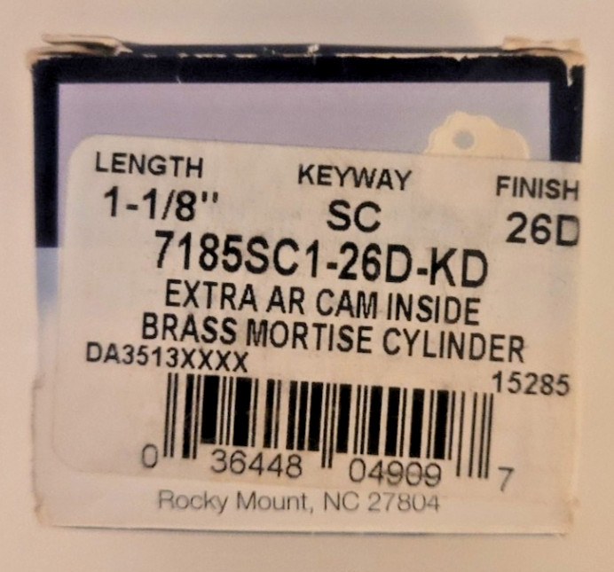 Ilco 7185SC1-26D-KD 1-1/8" Mortise Cylinder, 5-Pin NEW LOCK WITH KEYS