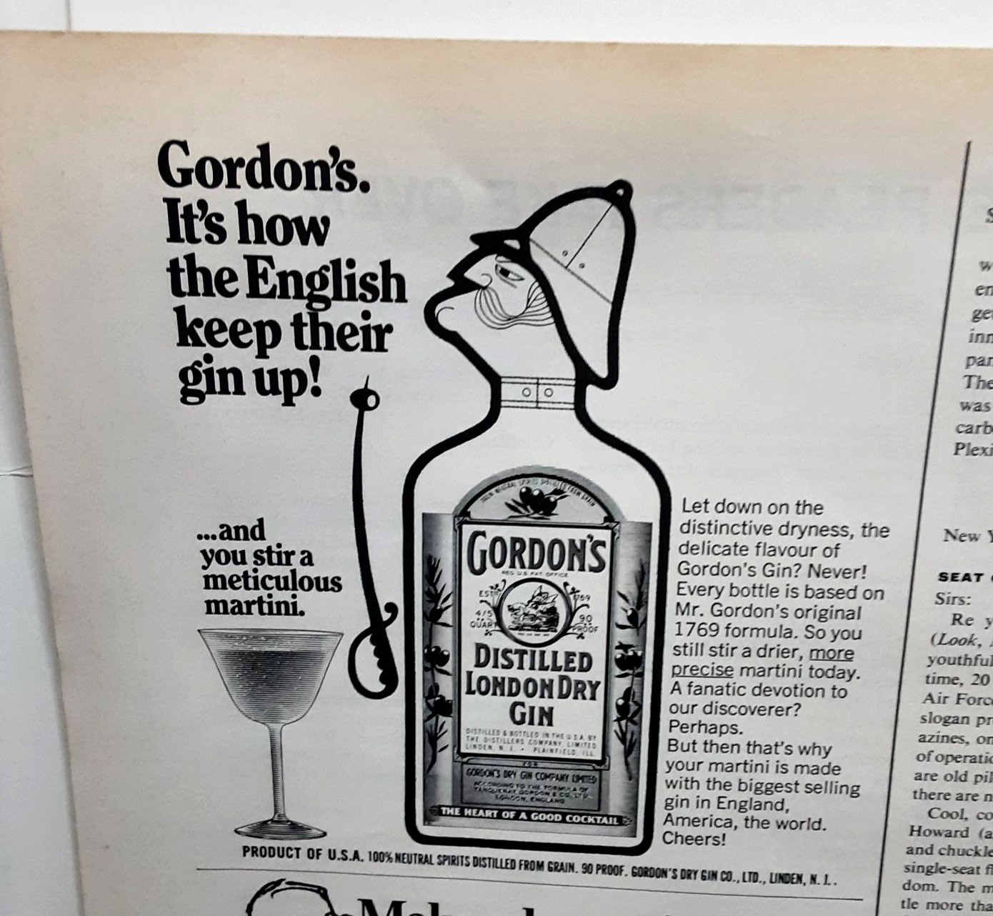 1970 Gordon’s Gin Vintage Print Ad London Dry Martini Illustration
