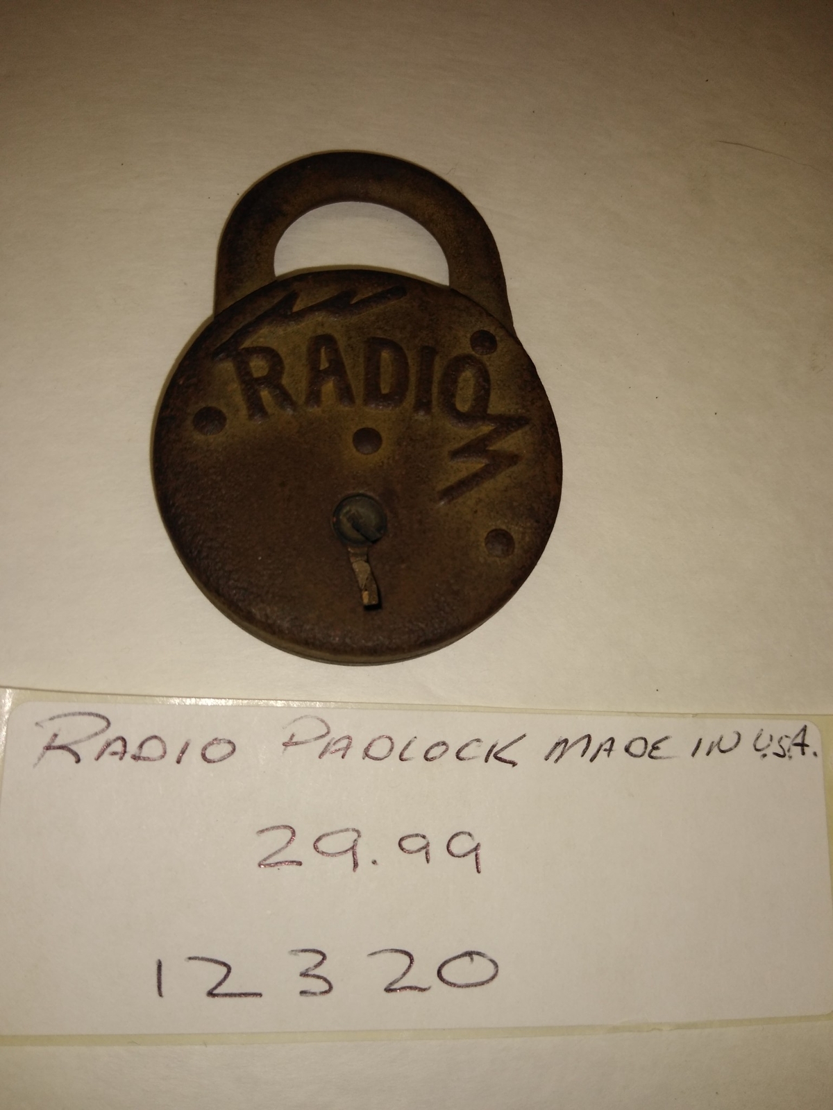 RADIO Vintage Padlock LIGHTENING BOLTS Nice Patina! Made In USA! Great Looking!