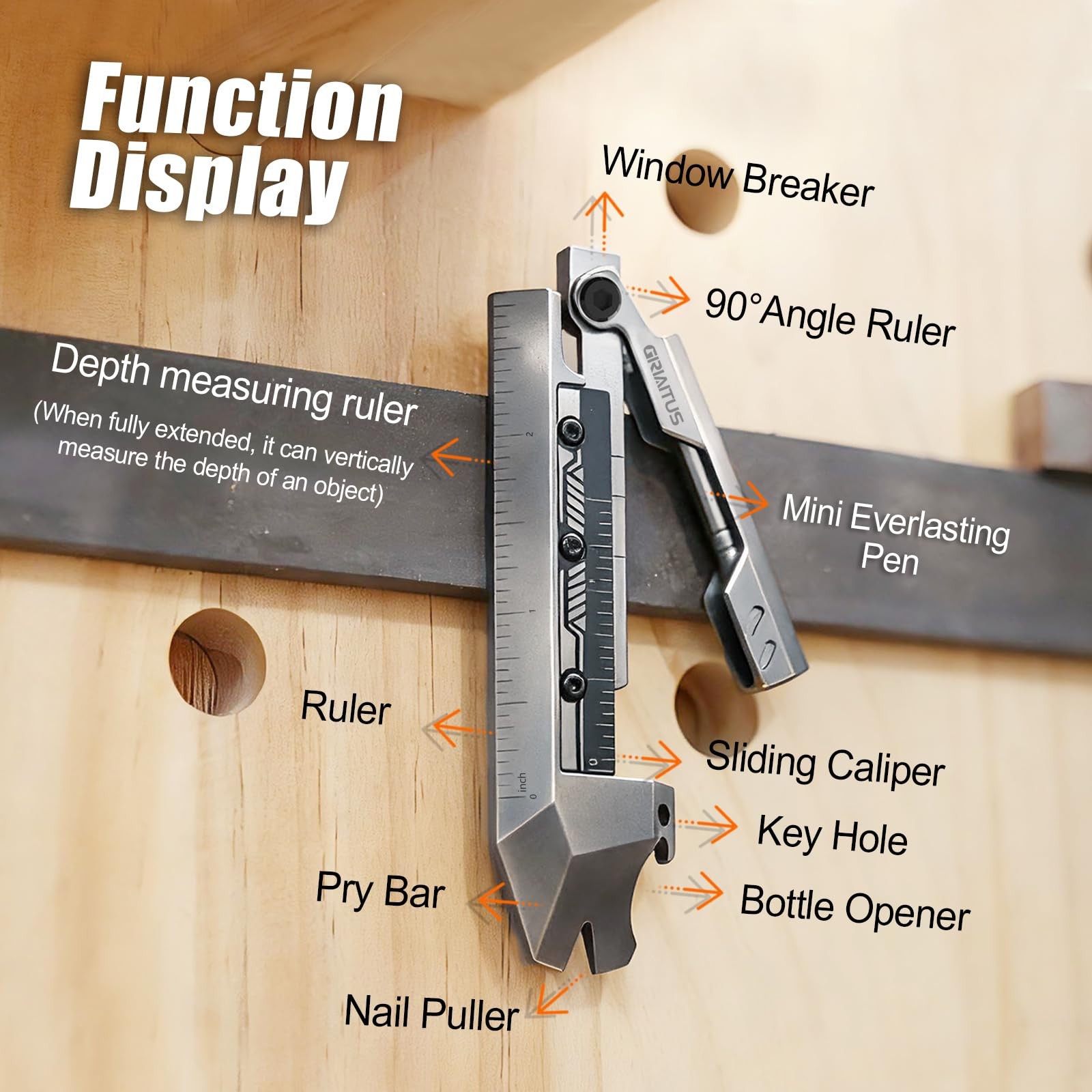 EDC Pry Bar Multitool with Folding Ruler, Compact Pocket Tool Silver