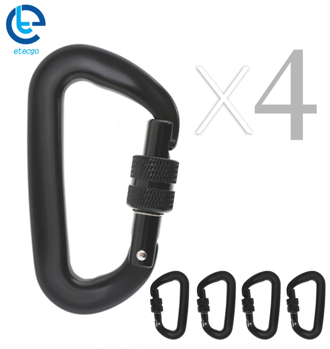 4 Pack Aviation Aluminum Heavy Duty 12 KN D-Shaped Locking Carabiners Clip