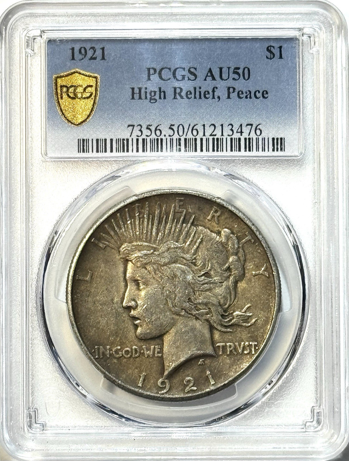 1921 Peace Dollar High Relief - PCGS AU50 Gold Shield - Key Date, Better Date