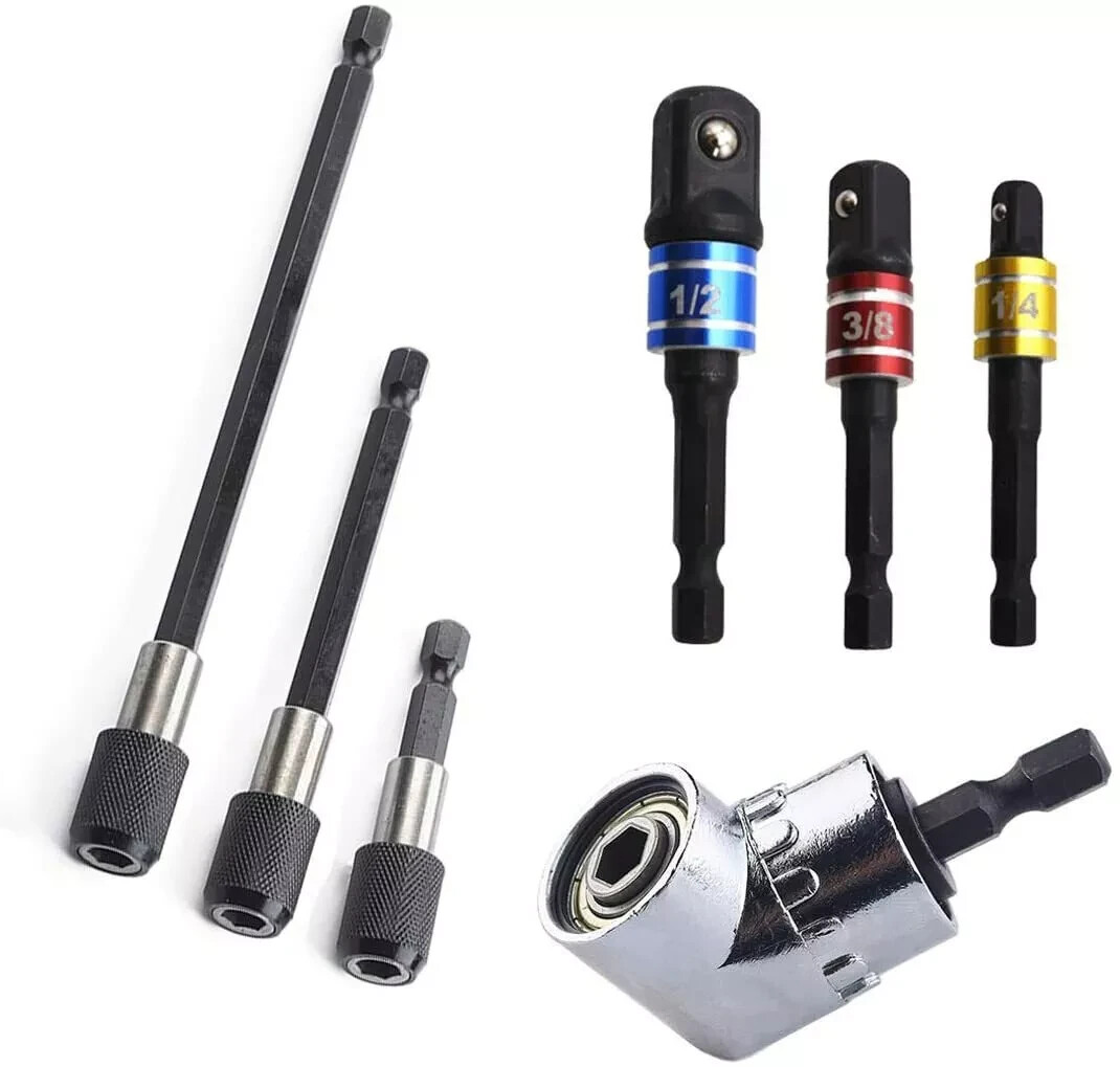 7Pc 105° Right Angle Drill Driver Set Socket Bit Extension Bar Hex Shank Adapter