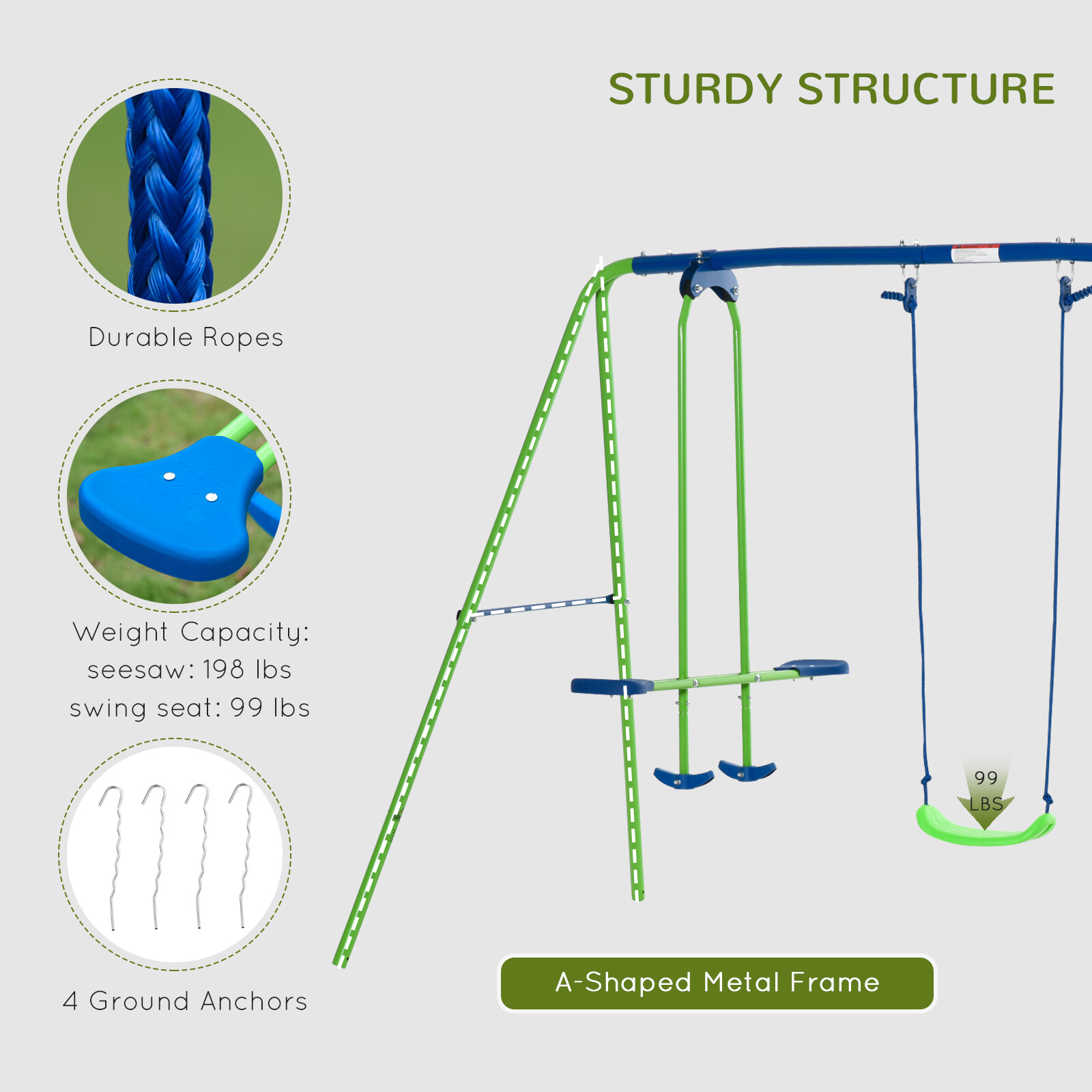 Children's Playground Set, Adjustable Ropes with Metal Frame for Stability