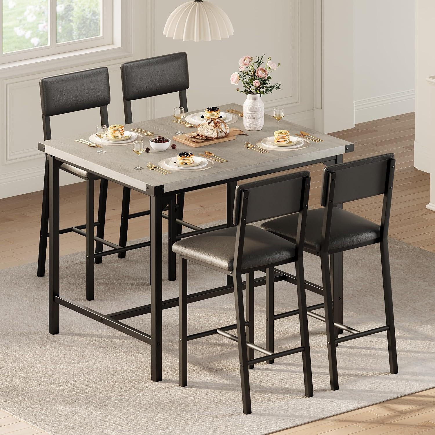 Dining Table Set for 4 with Corner Protector, Kitchen Table Set W/Footrest & Bac