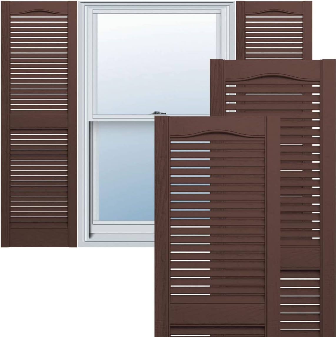Vinyl Cathedral Top Shutters, Open Louver, 14.5"W x 39"H, Federal Brown