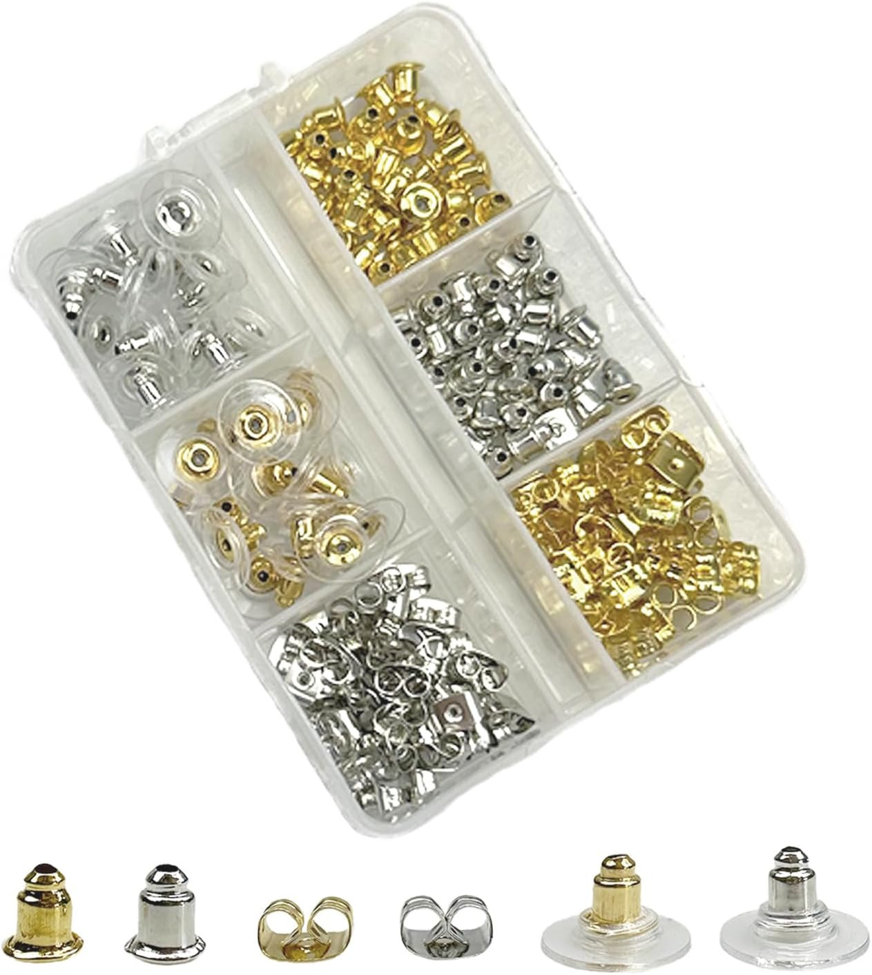 Earring Backs - 6 Styles, 170 Pcs, Hypoallergenic Metal, Bullet Shape Metal