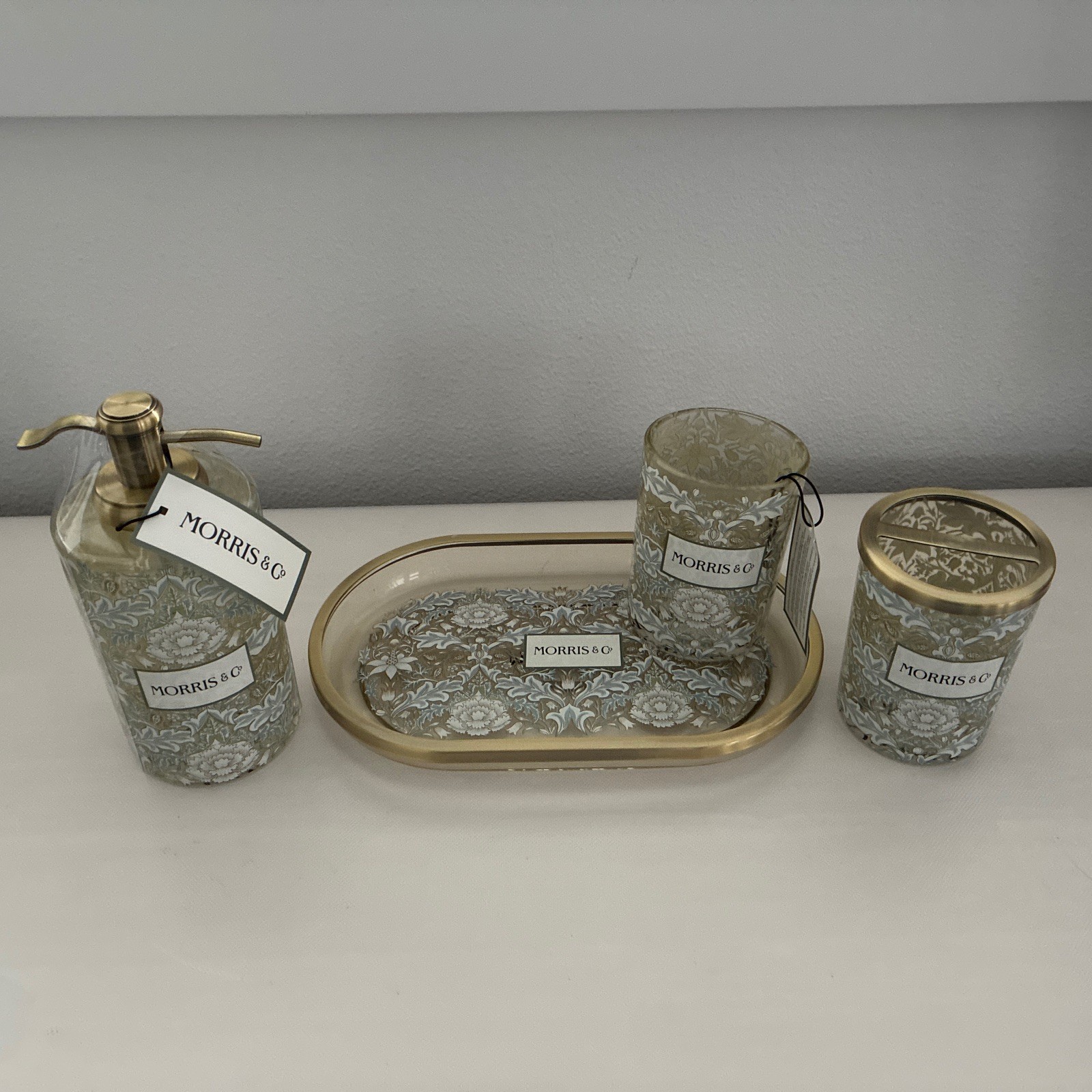 New Morris & Co. 4 Pc Vanity Set Sage Green Blue Brass Soap Dispenser Tray