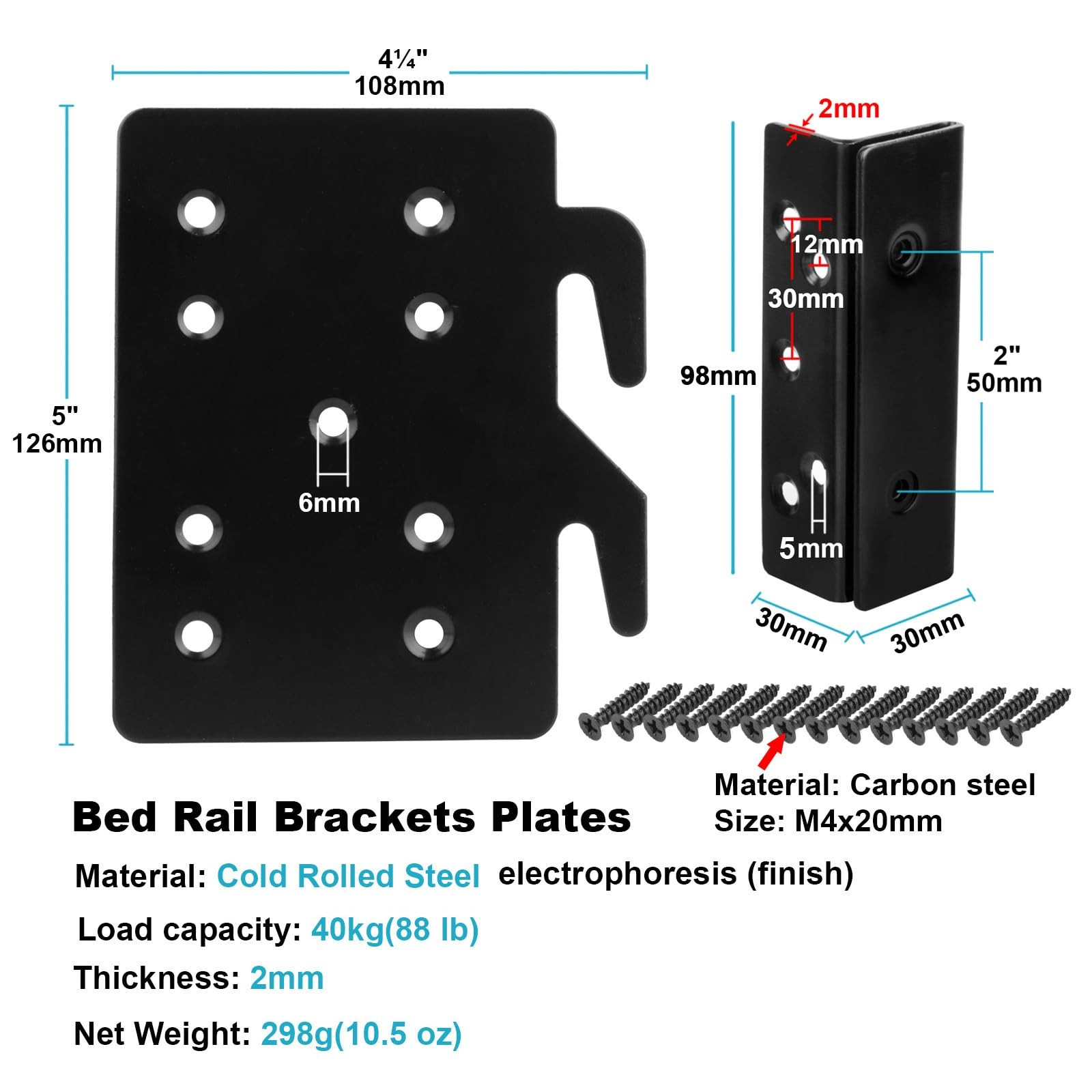 Bed Rail Hook Bracket Plates and Double Hook Slot Set, 5" x 4-1/4" Plate, 2 m...