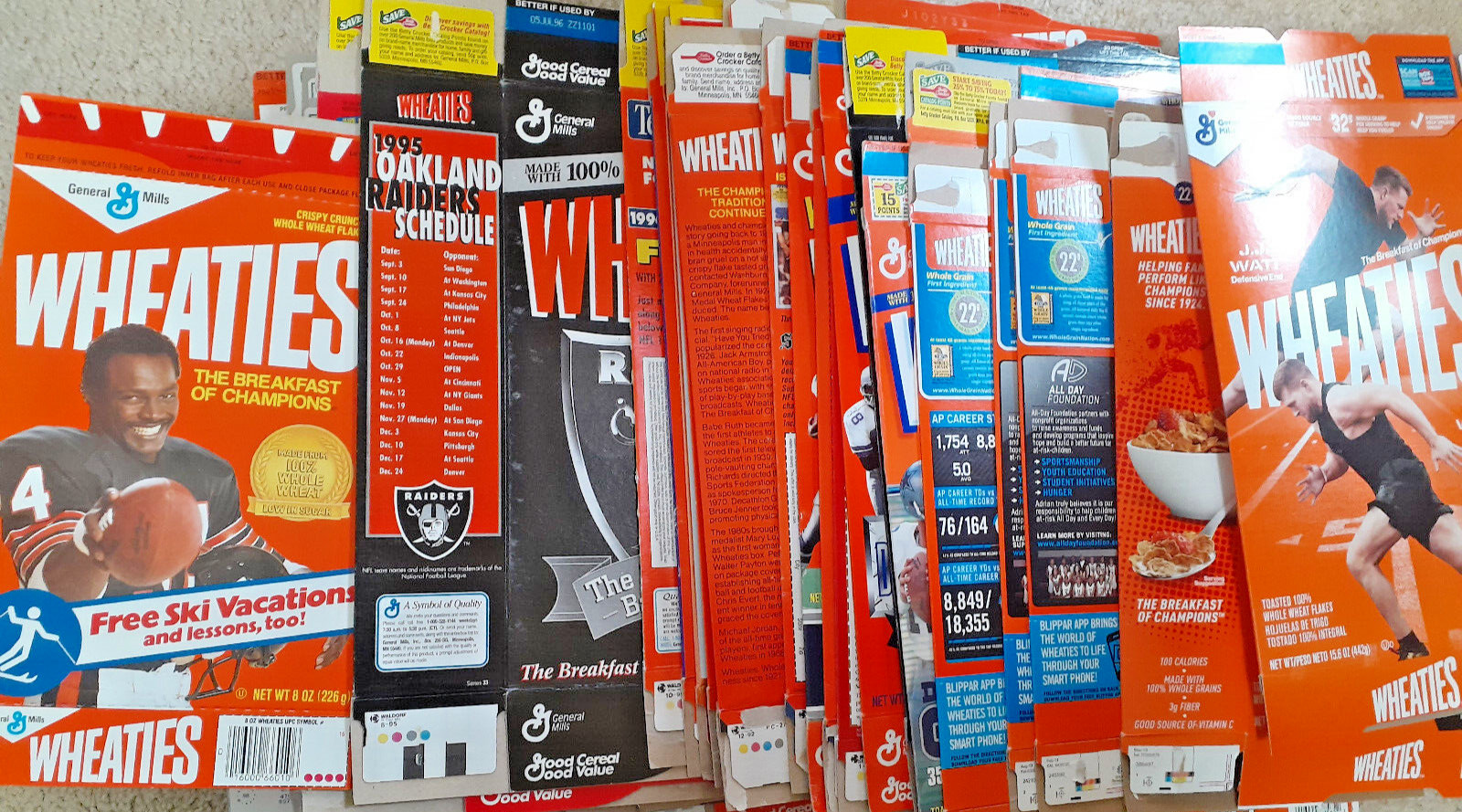 Wheaties Football boxes. Payton, Marino, Cowboys, Raiders, Rice Superbowls, etc