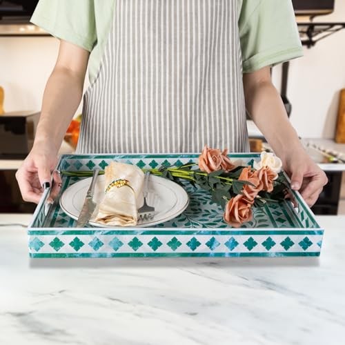 Rectangular Decorative Tray, Plastic Serving 15.7" x 11.8" x 1.6" Floral Green