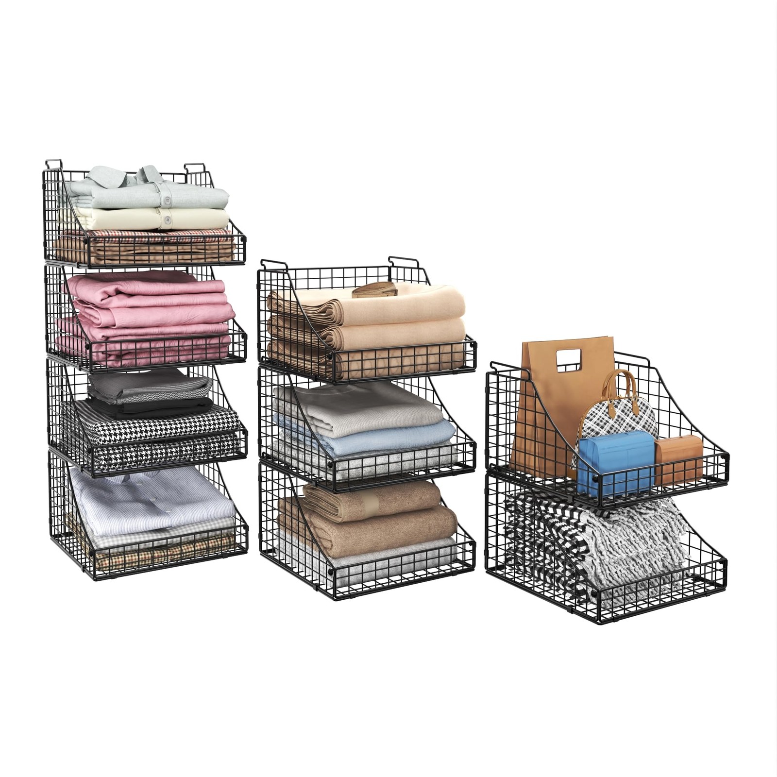 4-Pack Stackable Wire Baskets for Closet Organizers and Storage, Open Storage...