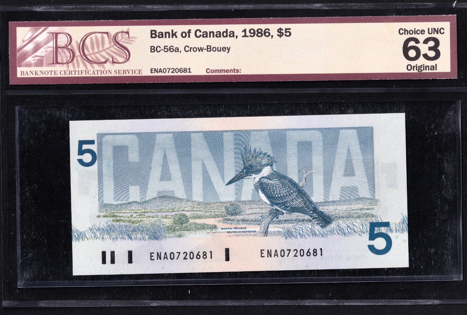 Canada 1986 $5 Five Dollar Banknote Crow-Bouey BCS Graded CH UNC 63 BC-56a