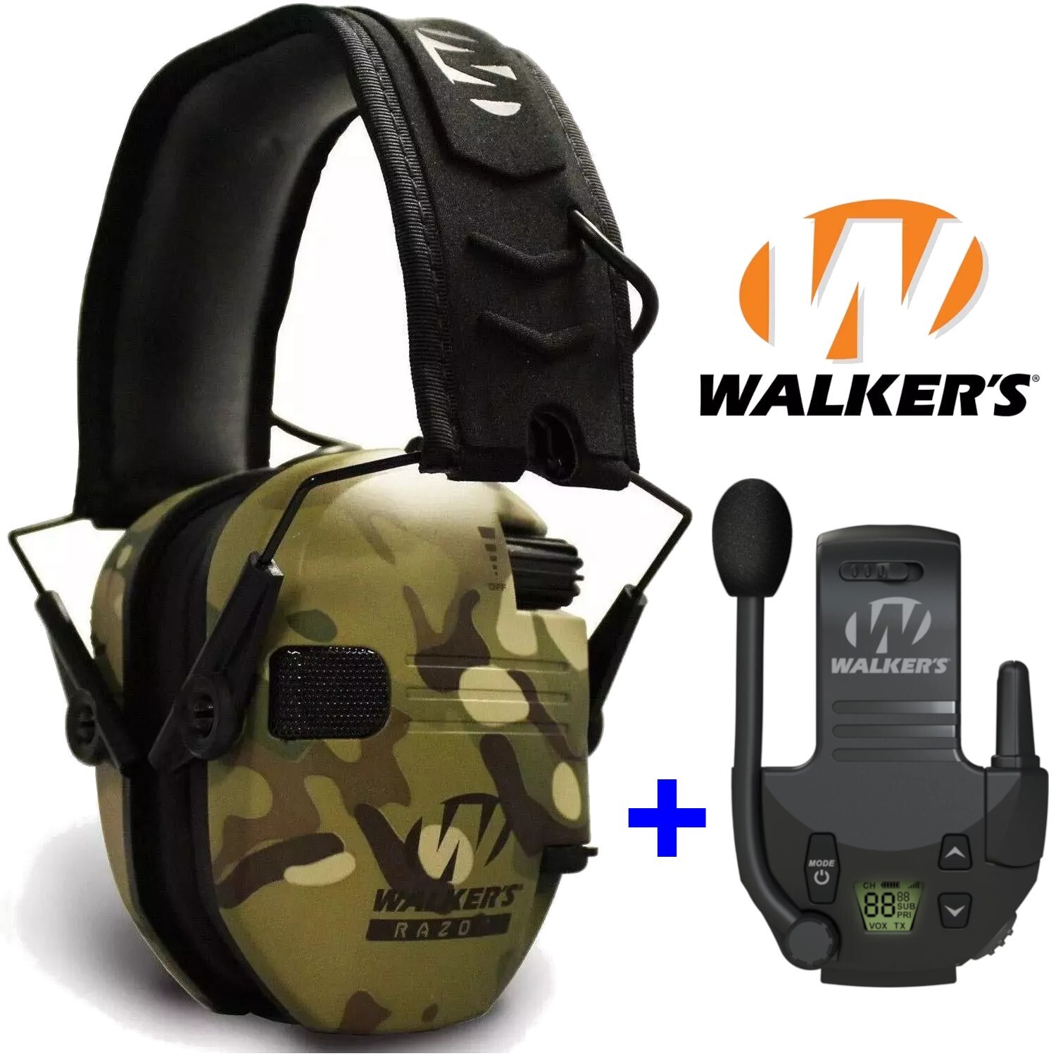 Walkers Razor Slim Electronic Muff MultiCam Camo Tan + Walkie Talkie Attachment