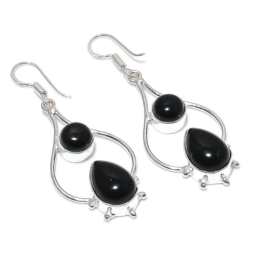 Black Onyx Gemstone Handmade 925 Sterling Silver Jewelry Earring Sz 2.05"