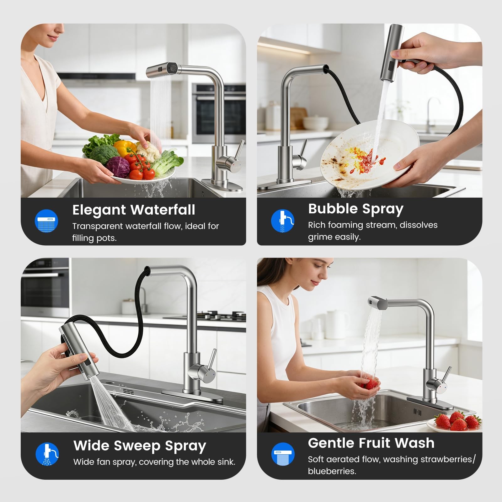 Kitchen Faucet Brushed Nickel 4-Mode Pull Down Sprayer - High Pressure Cleaning