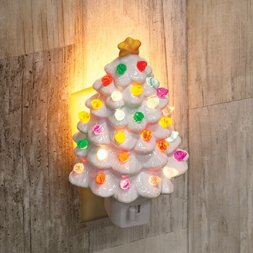 NEW Farmhouse NIGHT LIGHT Christmas Tree Holiday WHITE 6"Hx4"Wx2.75"D Resin Elec