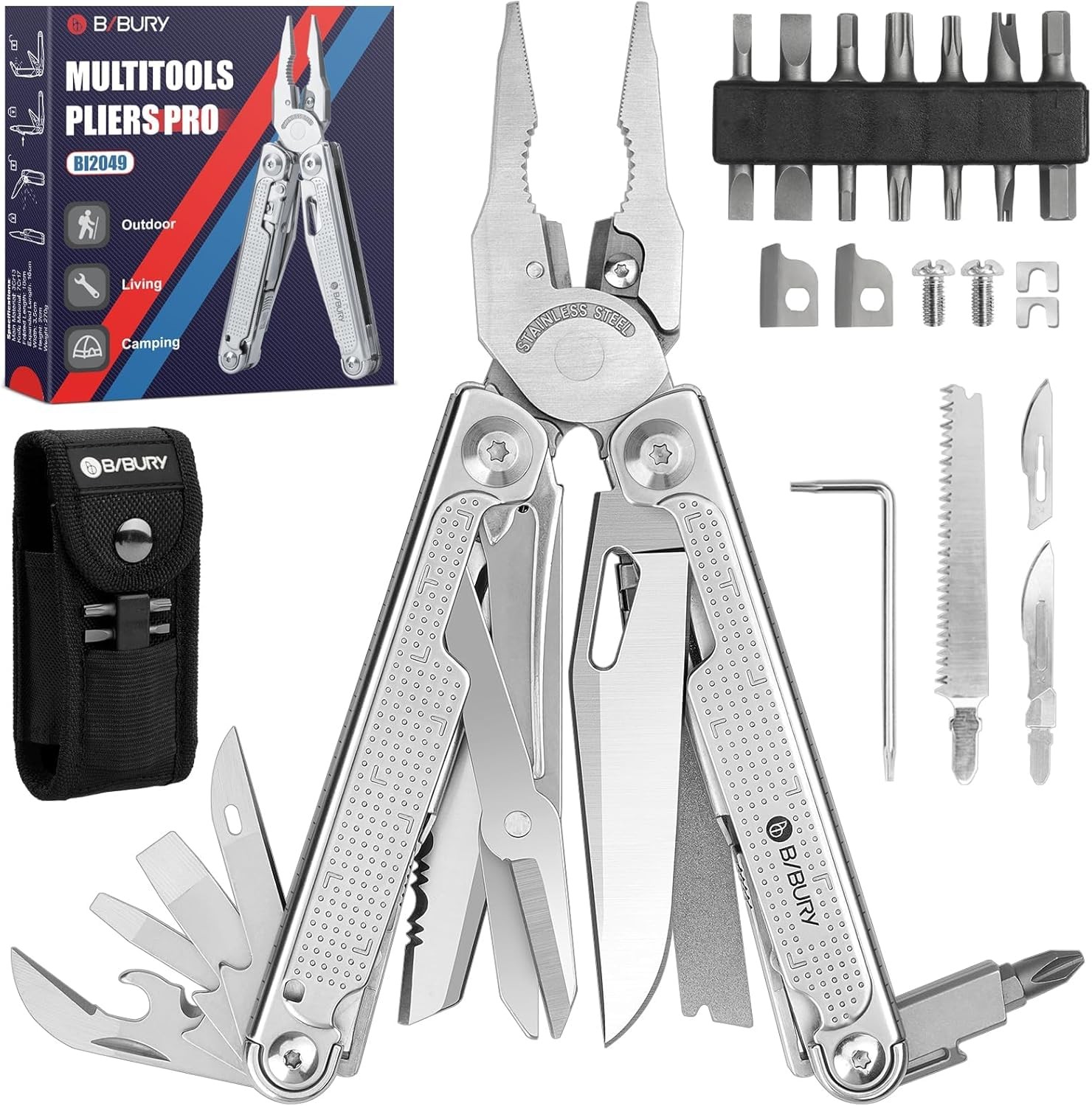 BIBURY Multitool Pliers Pro BI2049, 3Cr13 Multi Tool with Large Saw Silvery
