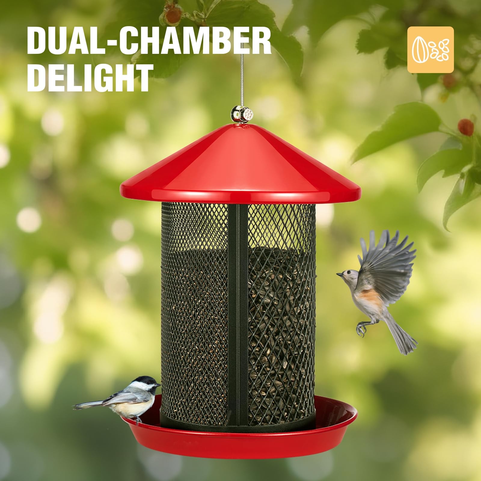 Veehoo Metal Bird Feeder for Outdoors-Dual Seed 7.5"L x 7.5“W x 10.4"Th, Red