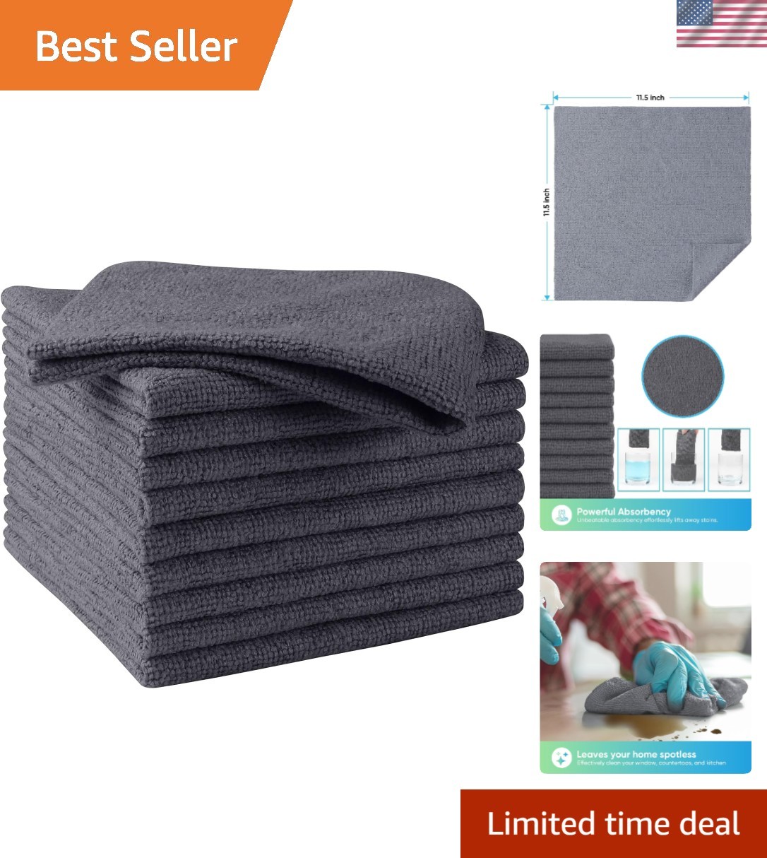 10 Pack Grey Microfiber Cleaning Cloths - Lint & Scratch-Free, 11.5x11.5 Inch