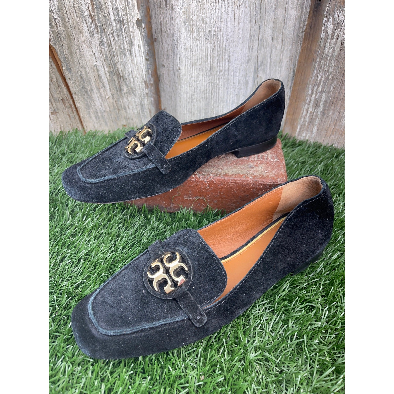 Tory Burch Metal Miller Suede Loafers Black Brushed Golden Logo Women's 8