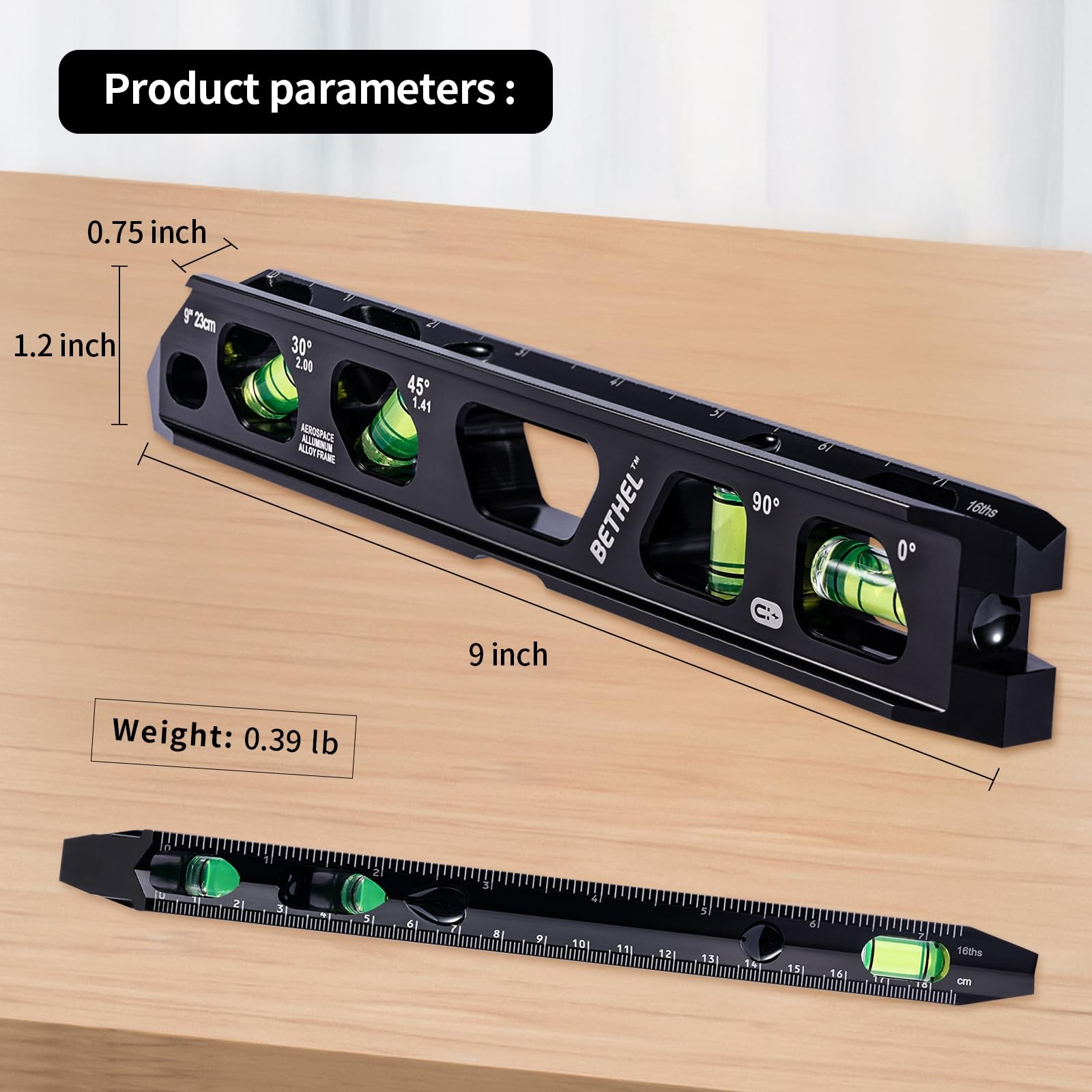 BETHEL 9 Inch Magnetic Torpedo Level with 4 Bubble Vials, V-Groove Black 9in