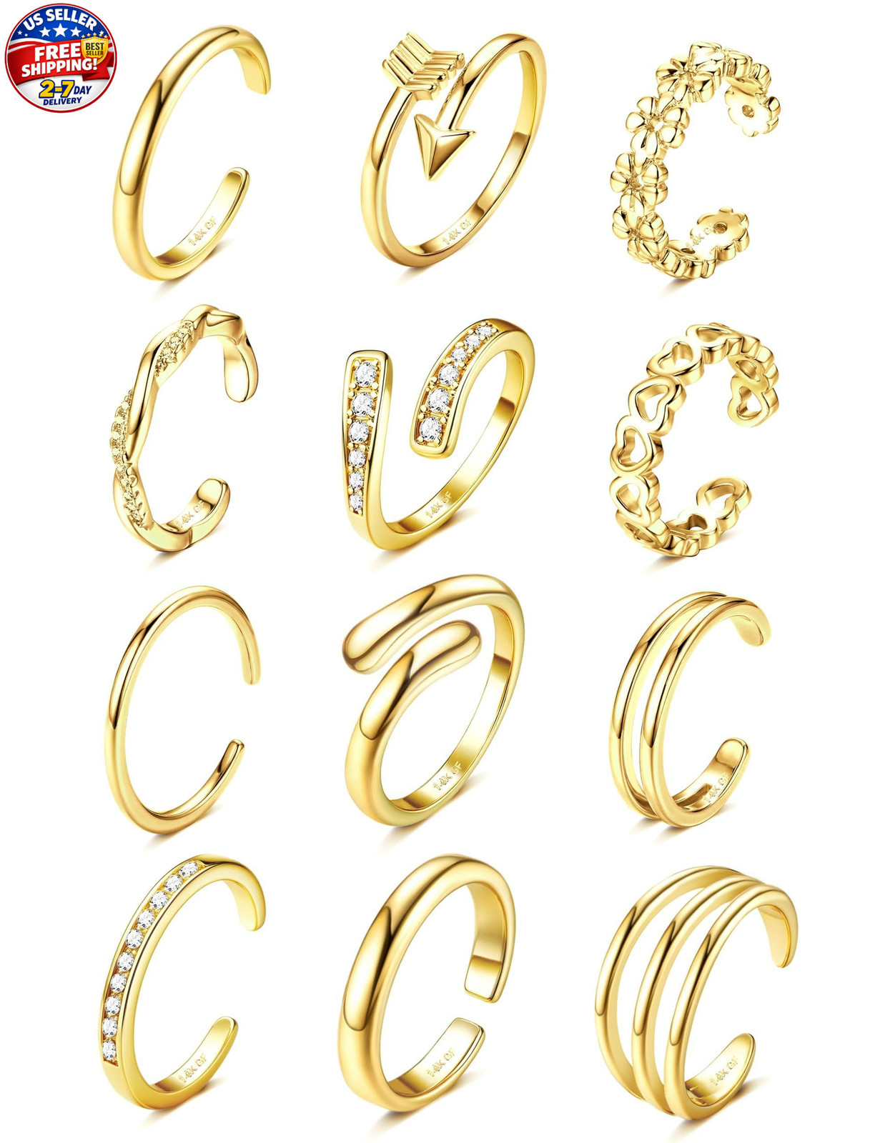 12Pcs Toe Rings for Women - 14K Gold Filled Toe Ring Non Tarnish Adjustable Simp