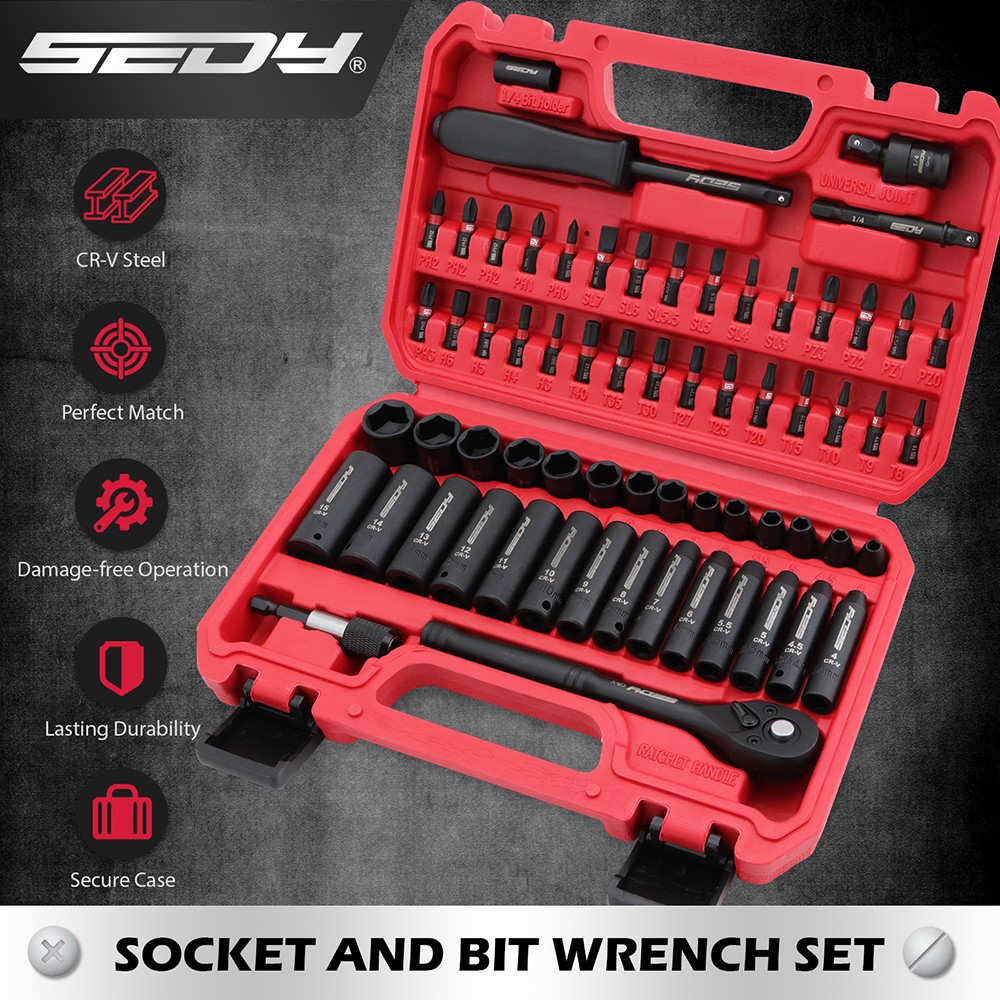 64PC 1/4" Drive Impact Socket Wrench Bits Set Metric SAE Deep Shallow Ratchet S2