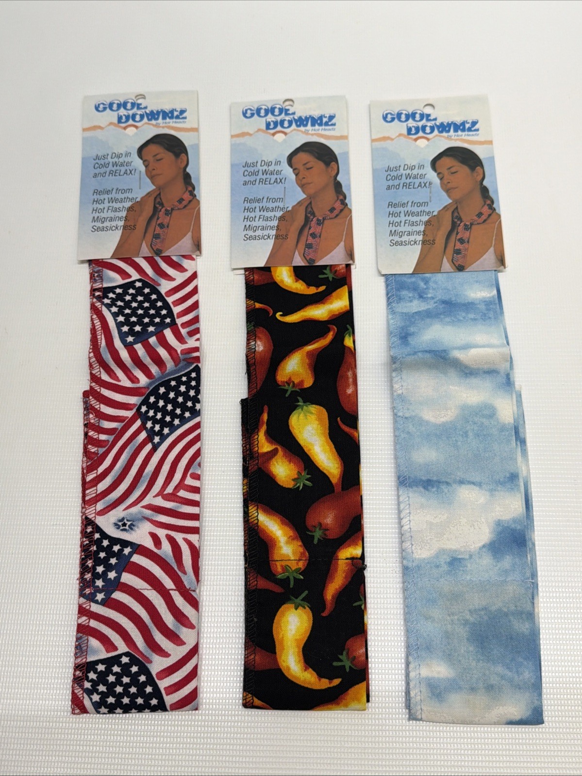 (3) Vintage NOS Hot Headz COOL DOWNZ Cooling Neck Wraps USA 250th Chilis Clouds