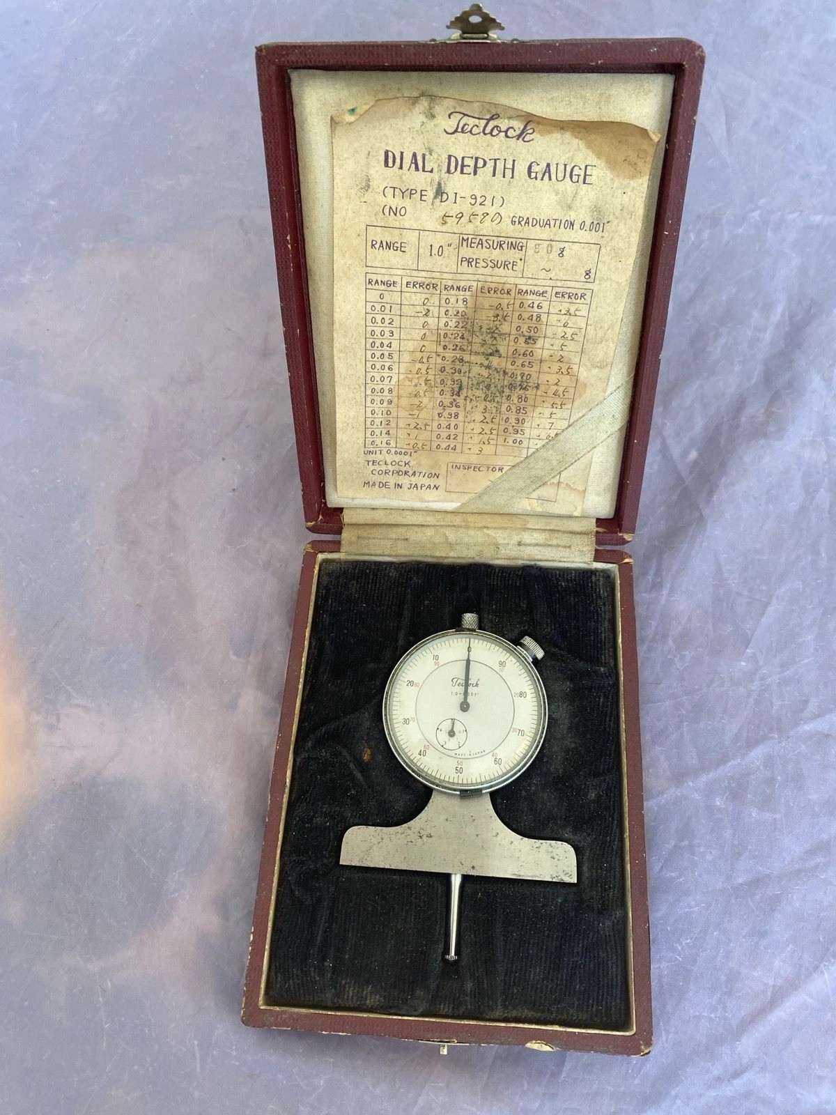 VINTAGE TECLOCK DIAL DEPTH GAGE 1.0-0.001 IN ORIGINAL BOX  W PAPERS V GOOD COND