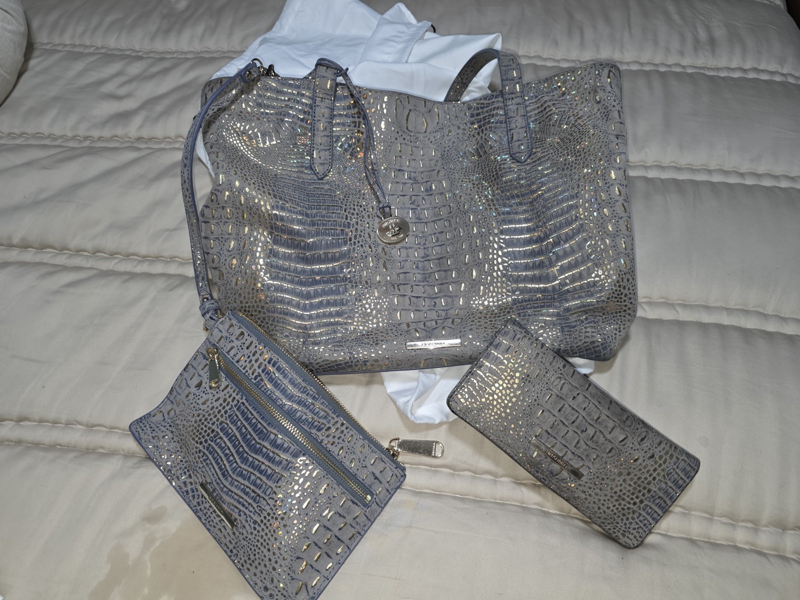 Brahmin Gray Crocodile Embossed Leather 3 Piece Women's Accessory Set