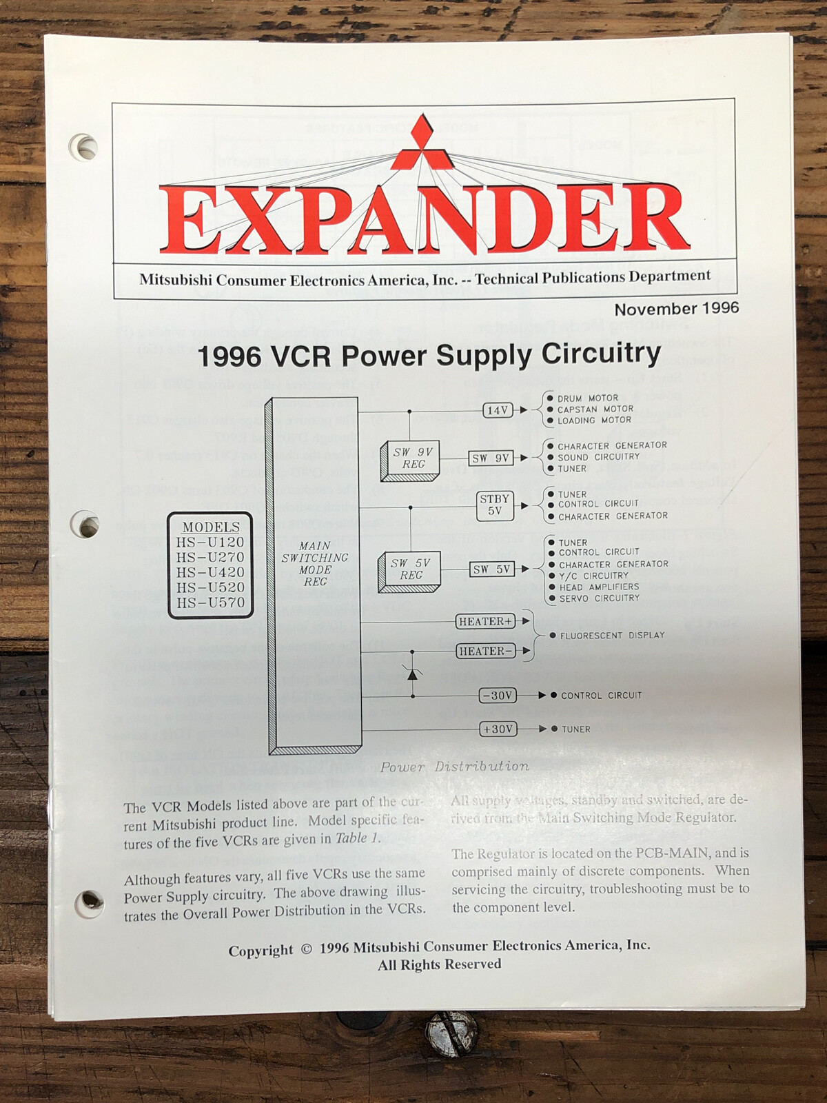 Mitsubishi Expander Magazine Nov '96 VCR Power Supply Circuitry   *Original*