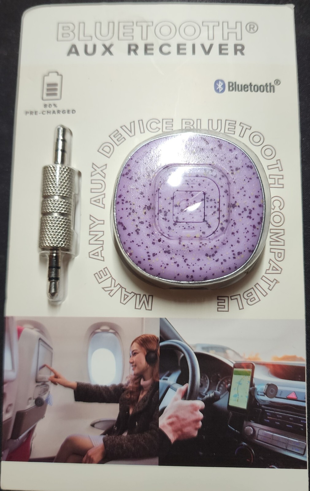 Bluetooth Aux Receiver (Make Any Aux Device Bluetooth Compatible) Purple