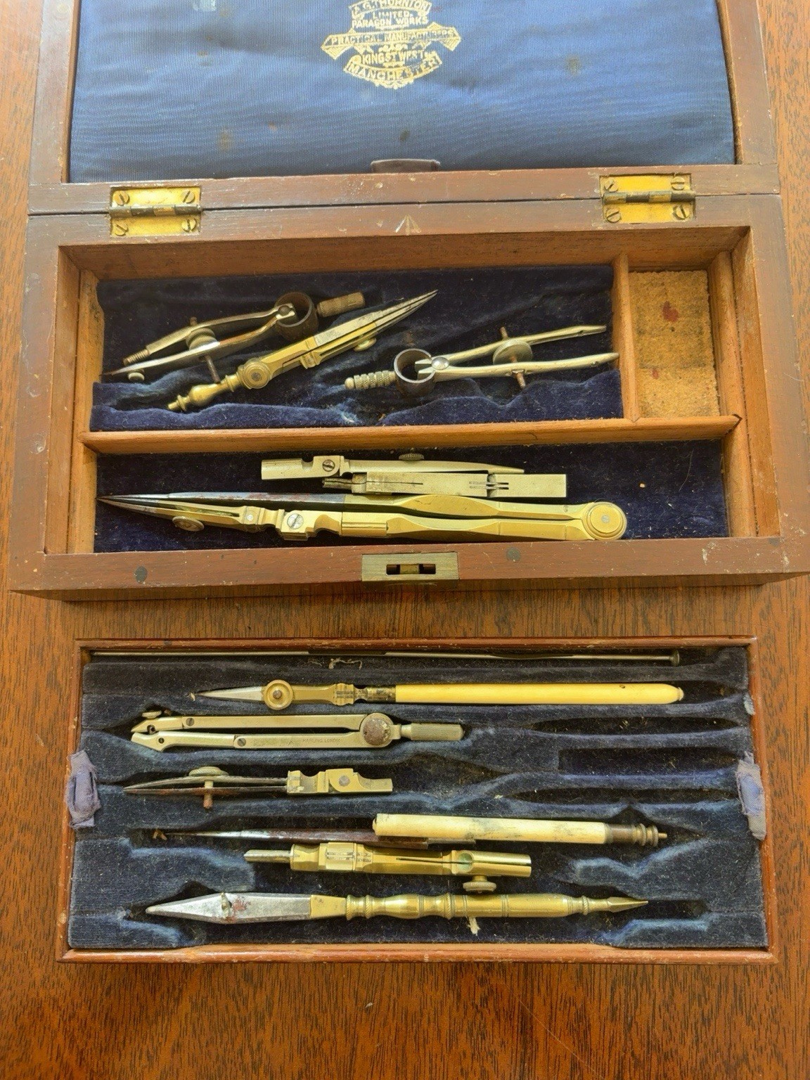 Antique T C Thornton 2 Drawer Drawing Instrument Set Mahogany Case