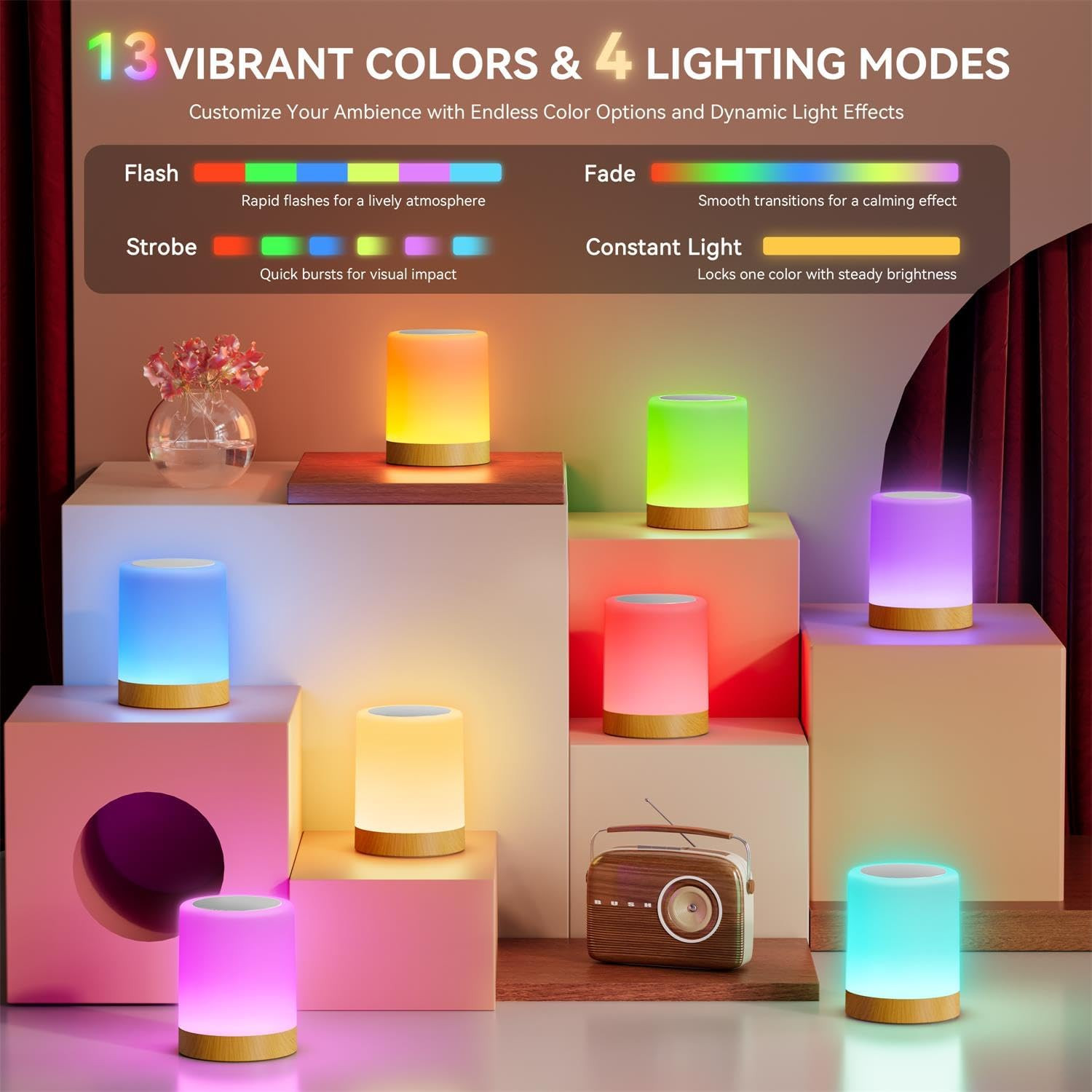 LED Night Light Bedside Lamp Touch and Remote Control Dimmable Tabletop 13 Color