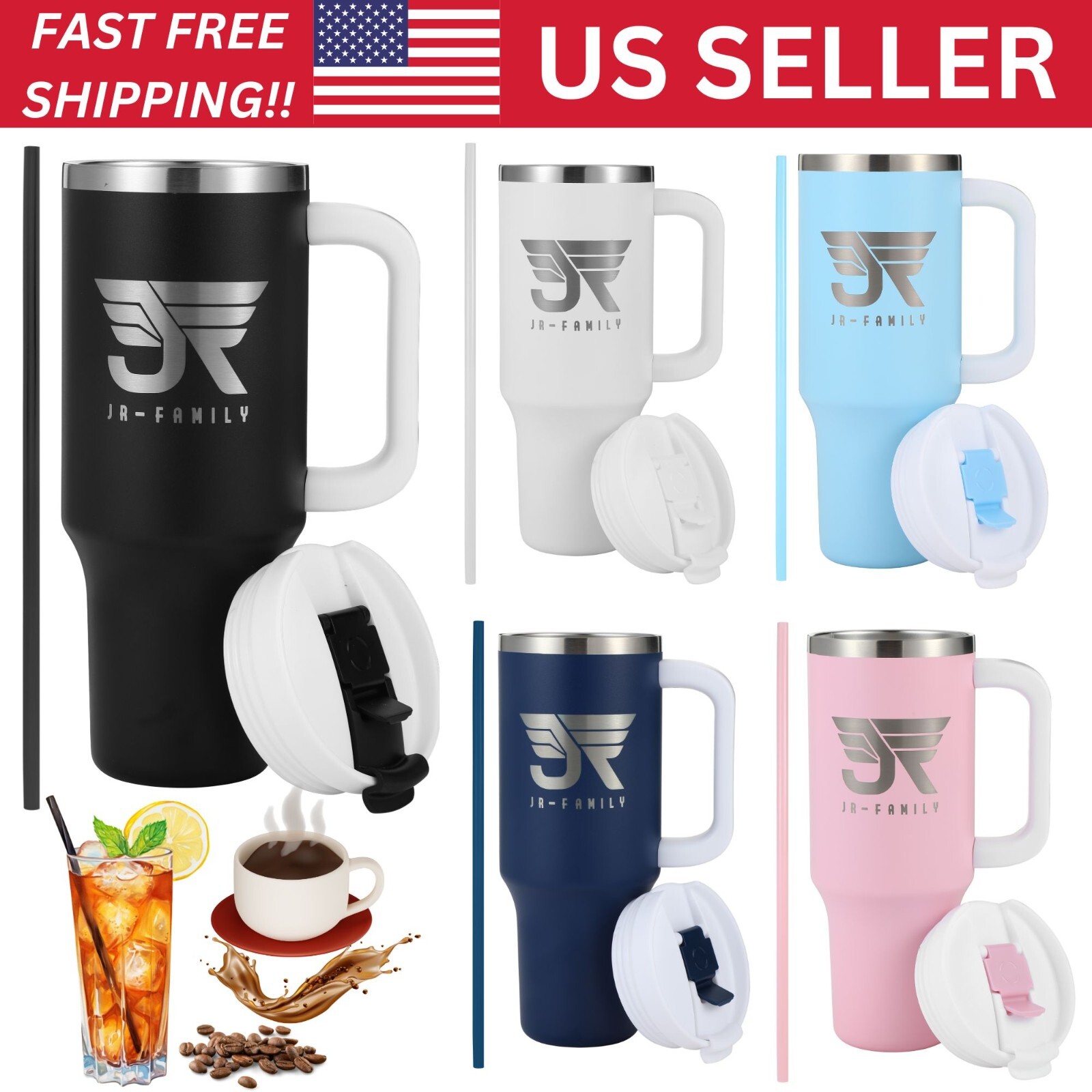Tumbler 40 oz 2in1 Leak-Proof Travel Mug Black Blue Pink White Tumblers