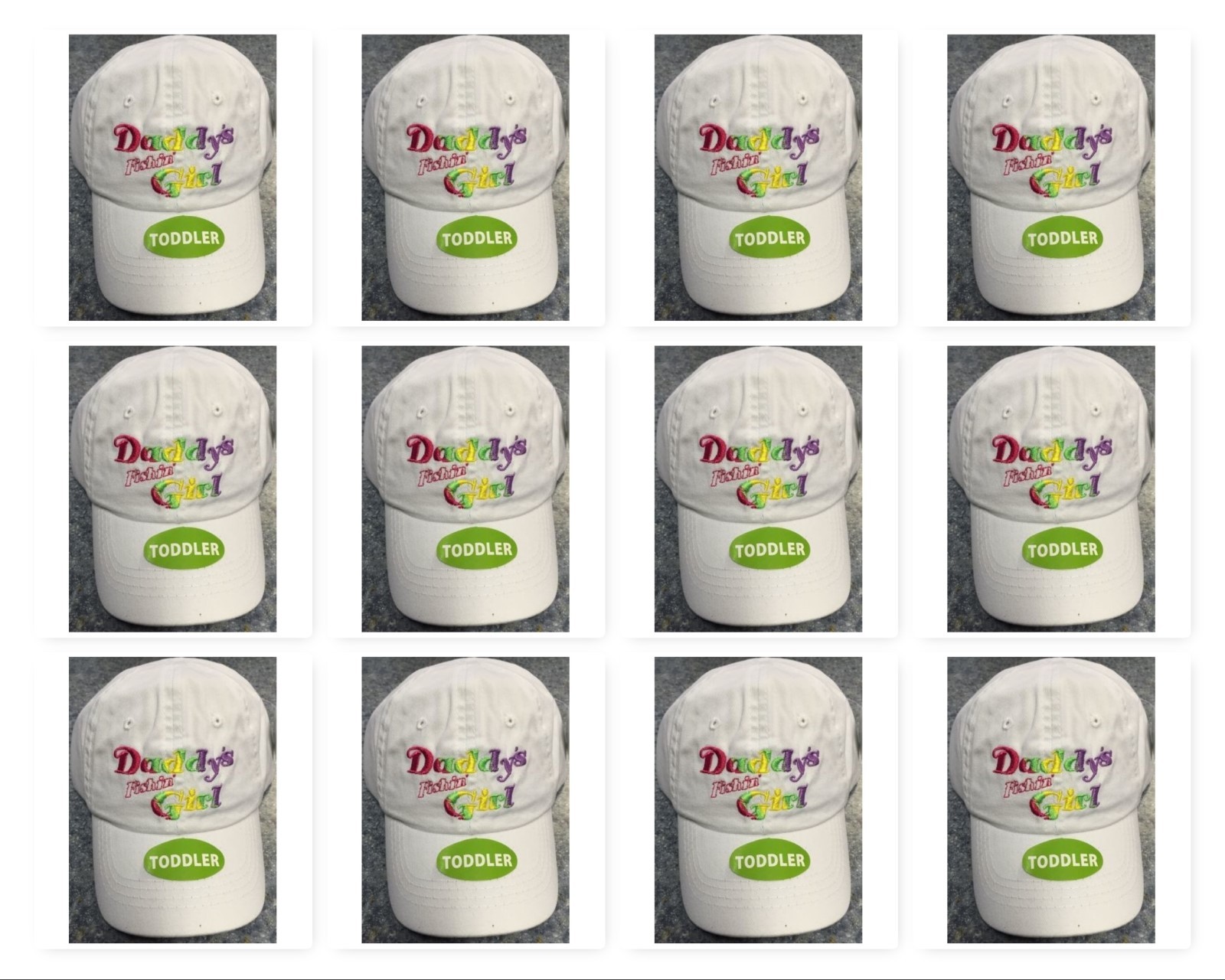 (12) " Daddy's Fishing Girl " Toddler Girls White Hats Caps Lot Dozen Brand New